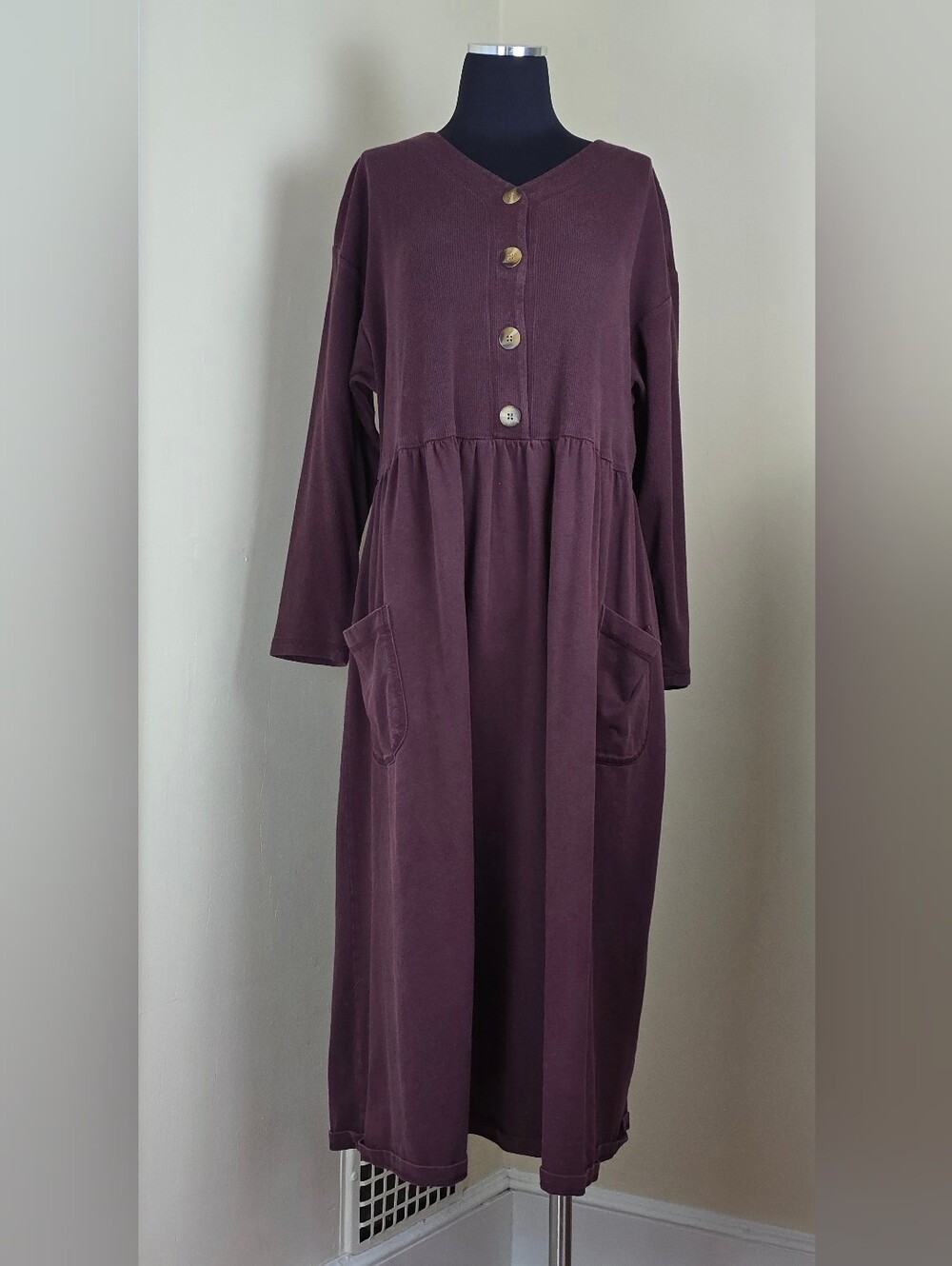 Eddie Bauer Cozy Maroon Cotton Knit Casual Midi Dress with Pockets L